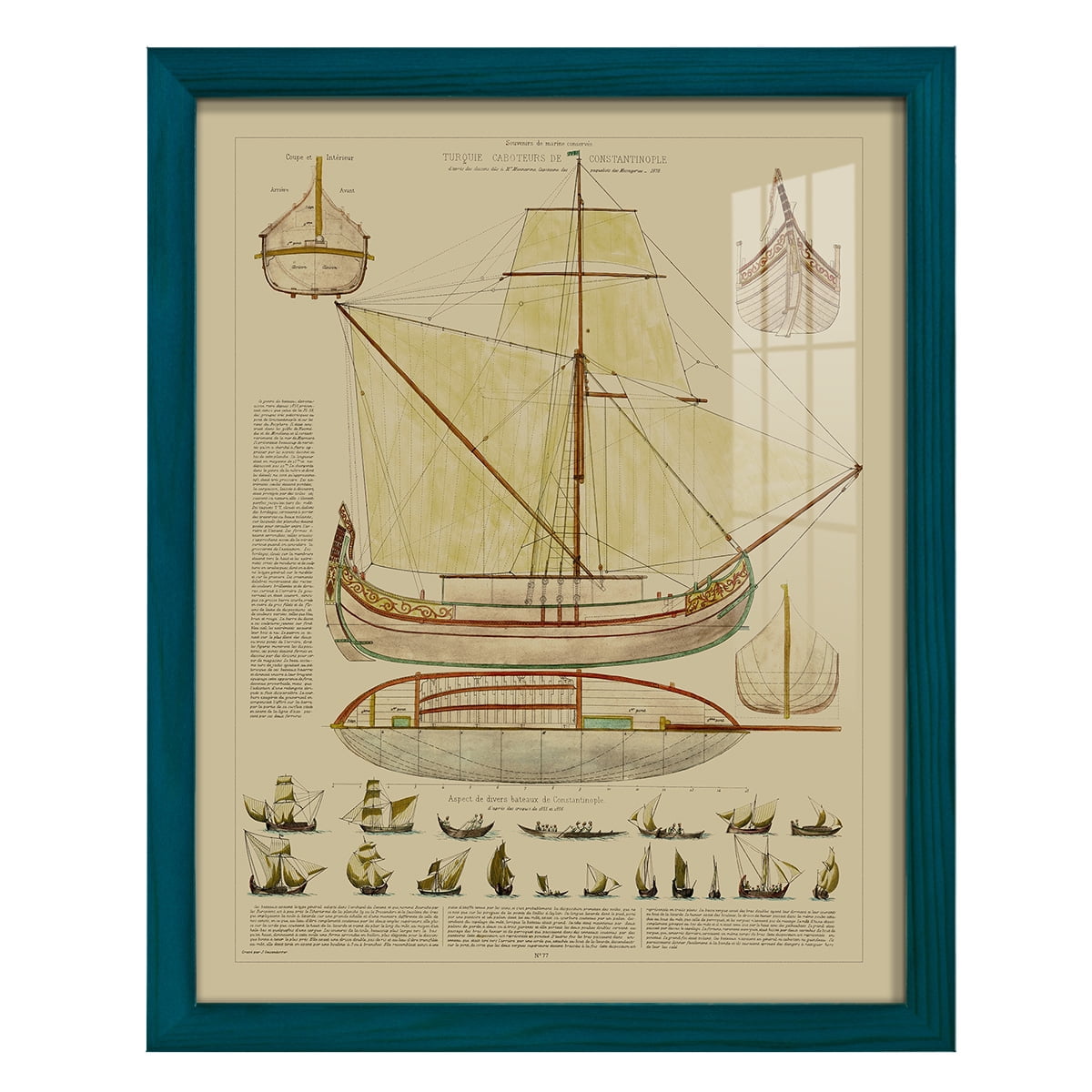 Antique Ship Plan I -Framed Print w/glass-Ocean Blue