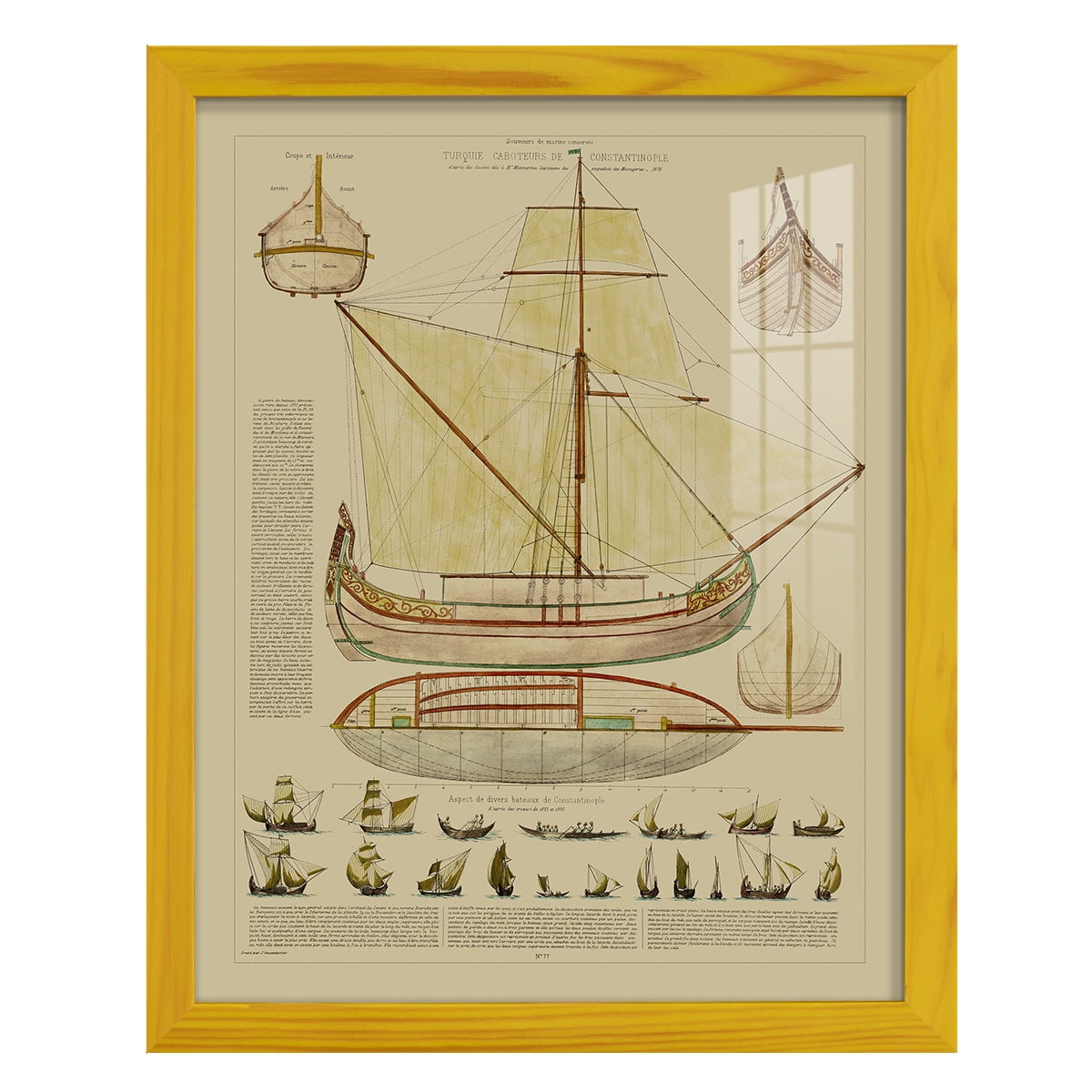Antique Ship Plan I -Framed Print w/glass-Sunflower Yellow