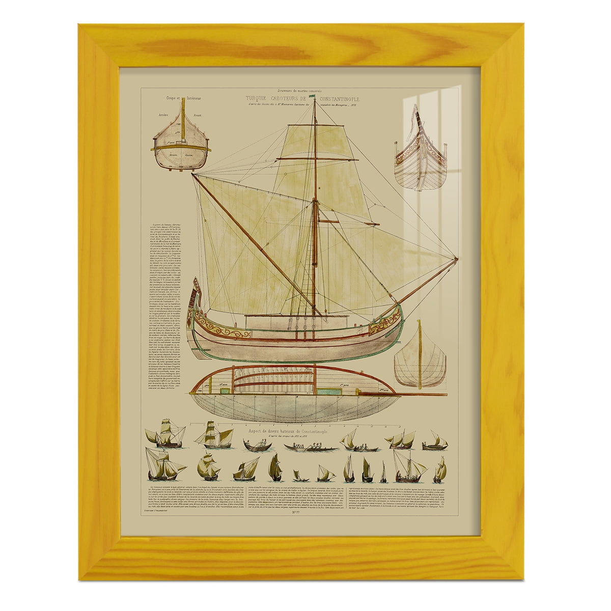 Antique Ship Plan I -Framed Print w/glass-Sunflower Yellow