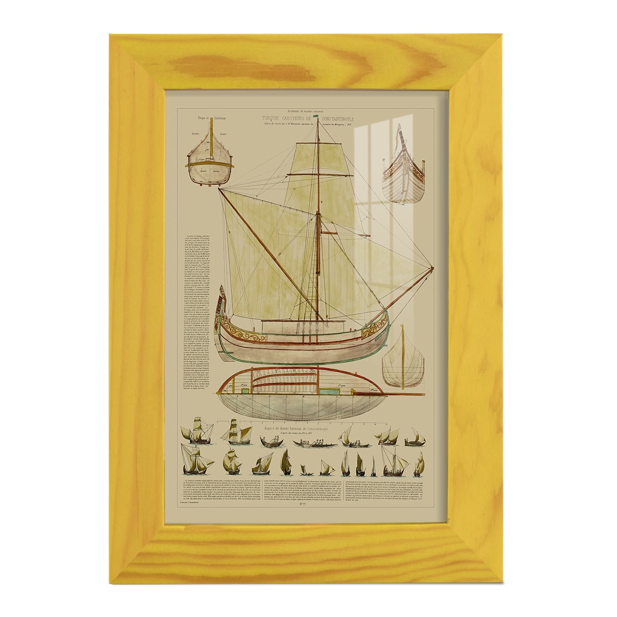 Antique Ship Plan I -Framed Print w/glass-Sunflower Yellow