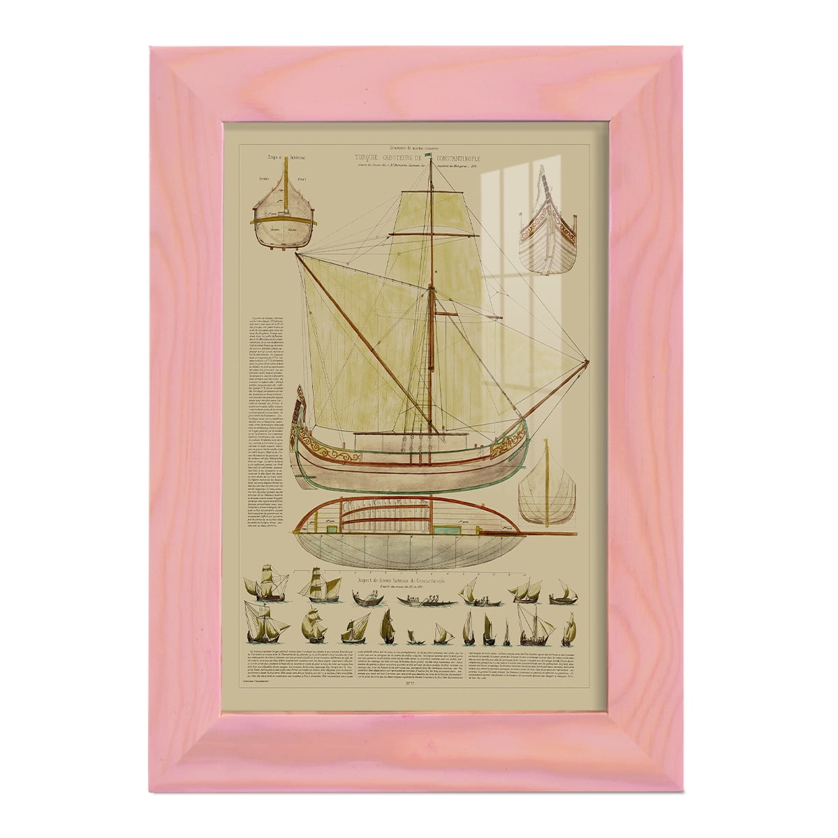 Antique Ship Plan I -Framed Print w/glass-Sunset Pink