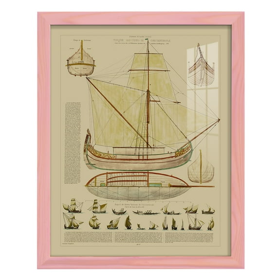 Antique Ship Plan I -Framed Print w/glass-Sunset Pink
