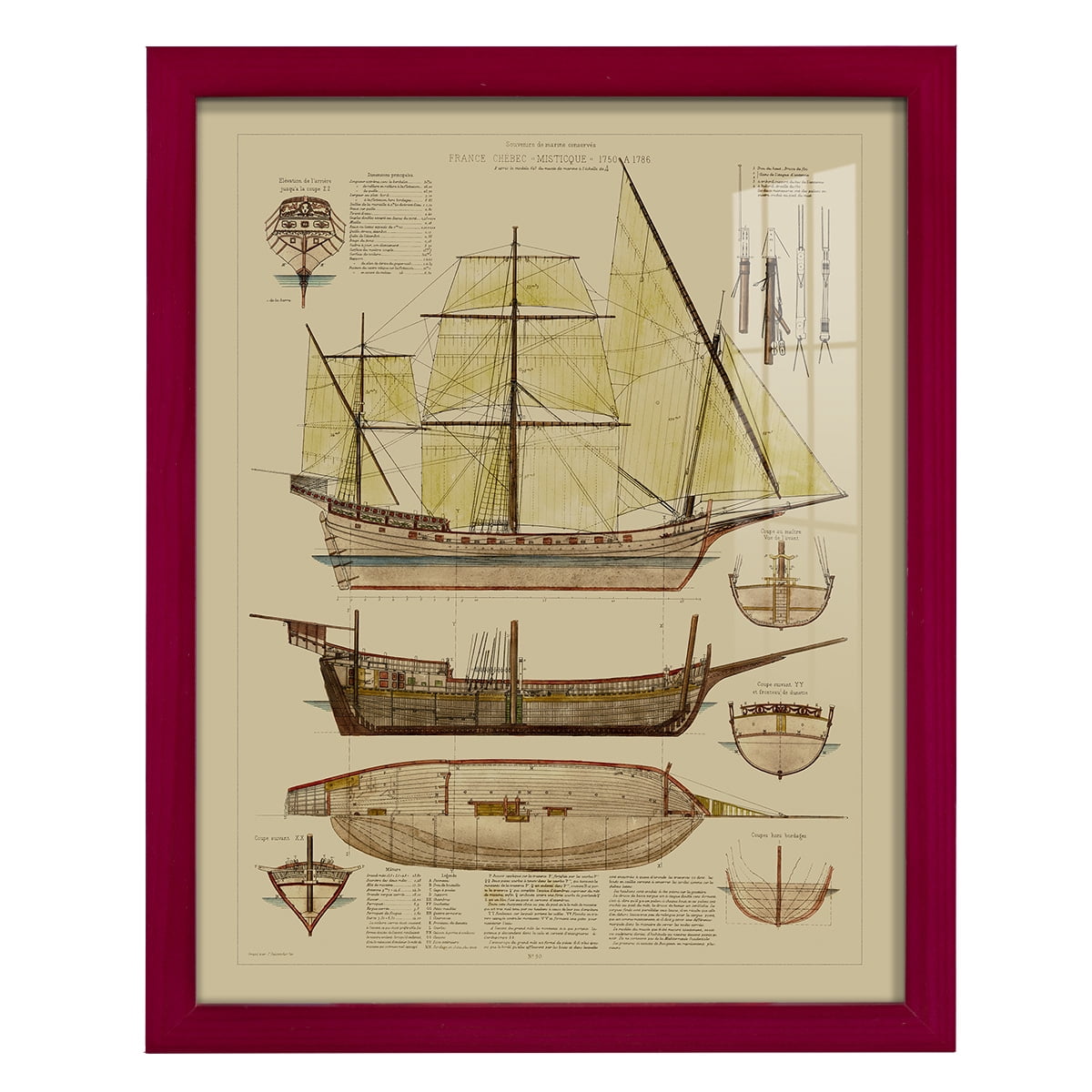 Antique Ship Plan II -Framed Print w/glass-Cherry Red