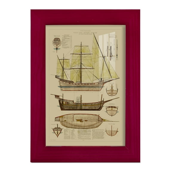 Antique Ship Plan II -Framed Print w/glass-Cherry Red