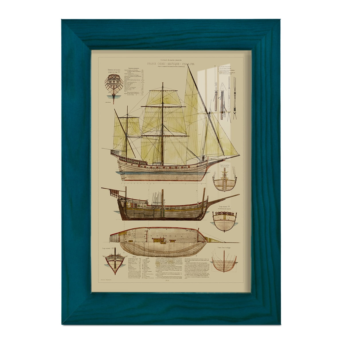 Antique Ship Plan II -Framed Print w/glass-Ocean Blue