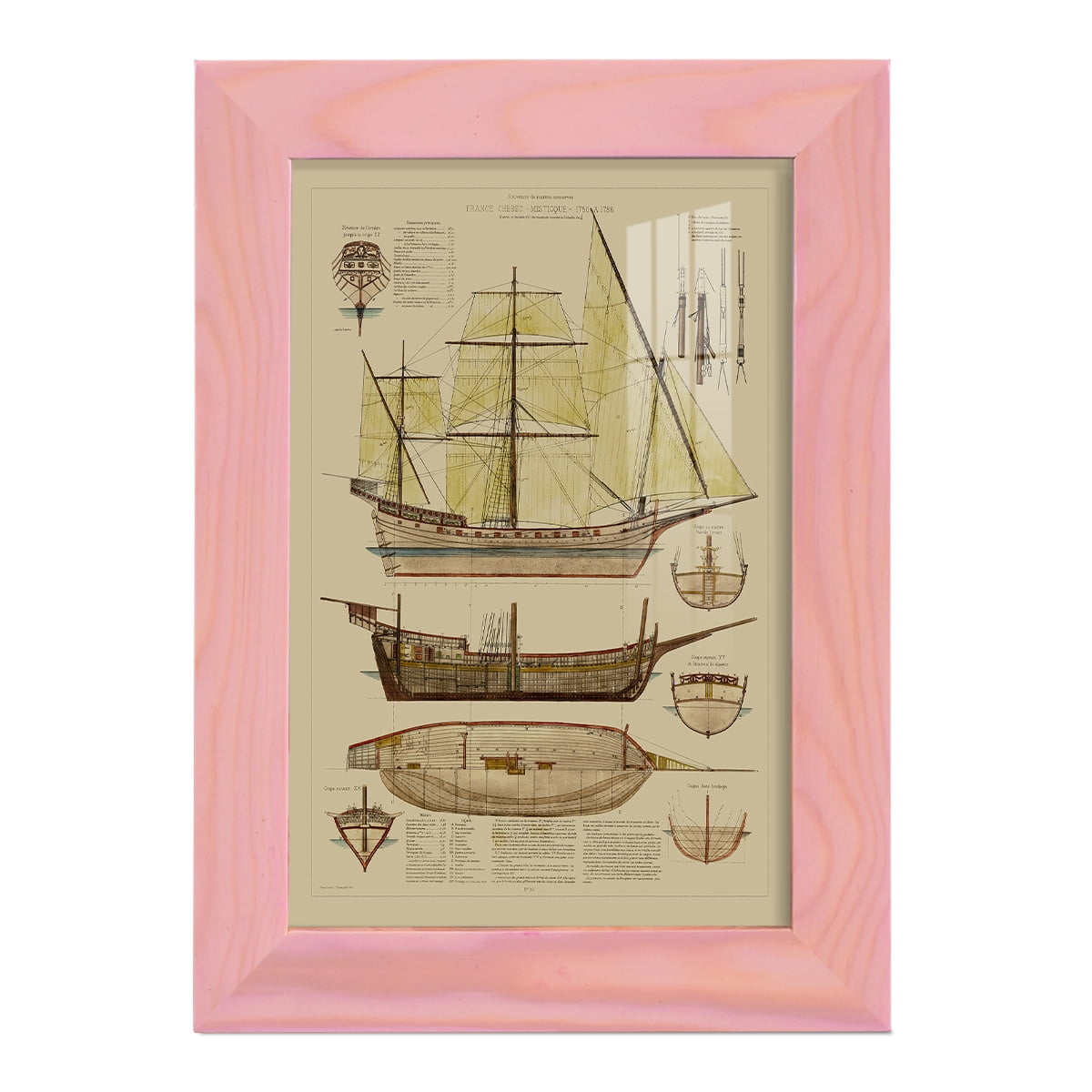 Antique Ship Plan II -Framed Print w/glass-Sunset Pink
