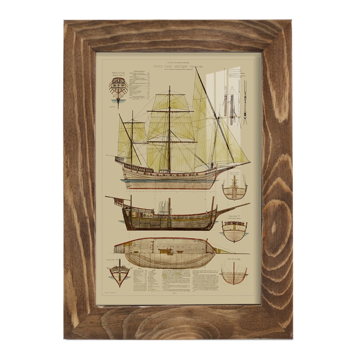 Antique Ship Plan II -Framed Print w/glass-Walnut