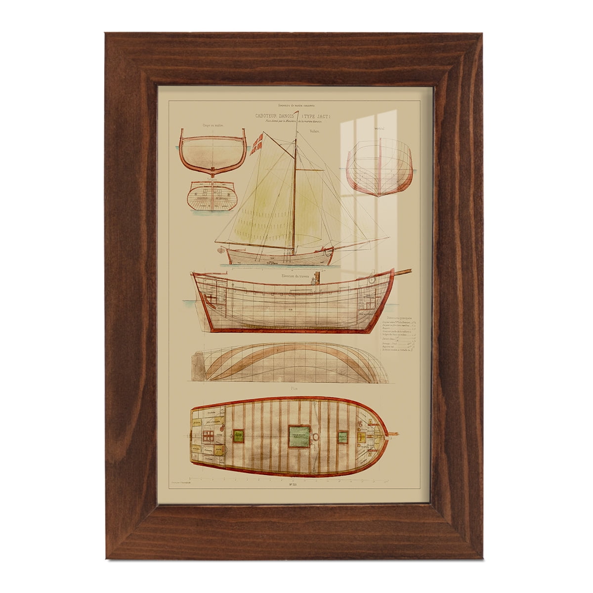 Antique Ship Plan III -Framed Print w/glass-Chestnut