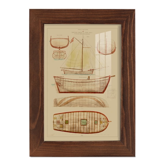 Antique Ship Plan III -Framed Print w/glass-Chestnut