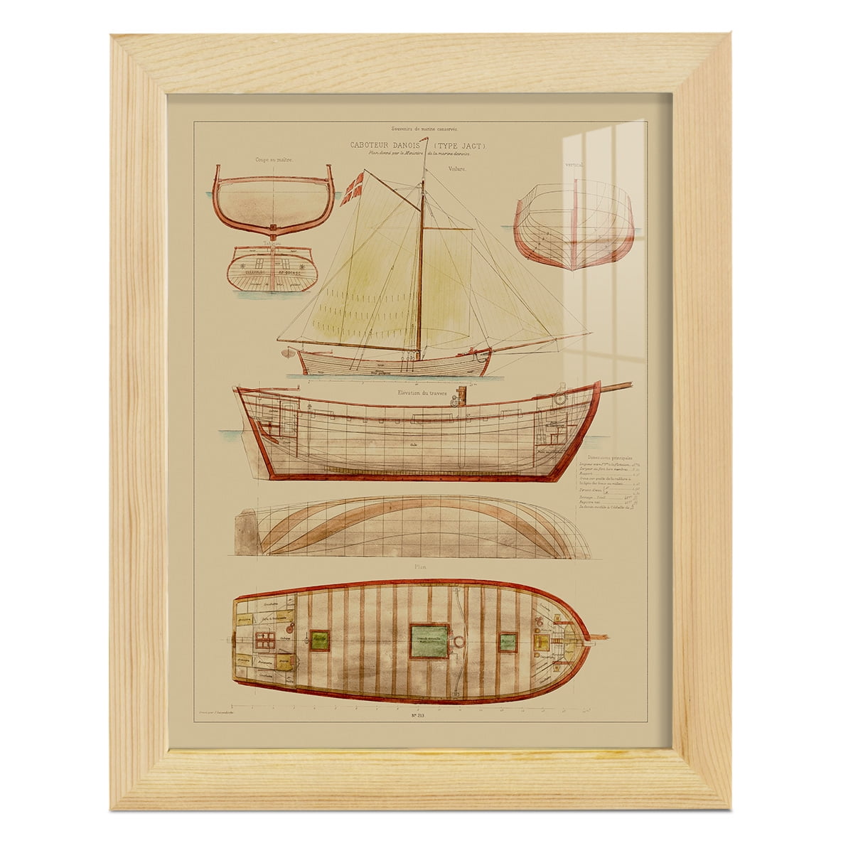 Antique Ship Plan III -Framed Print w/glass-Natural Wood