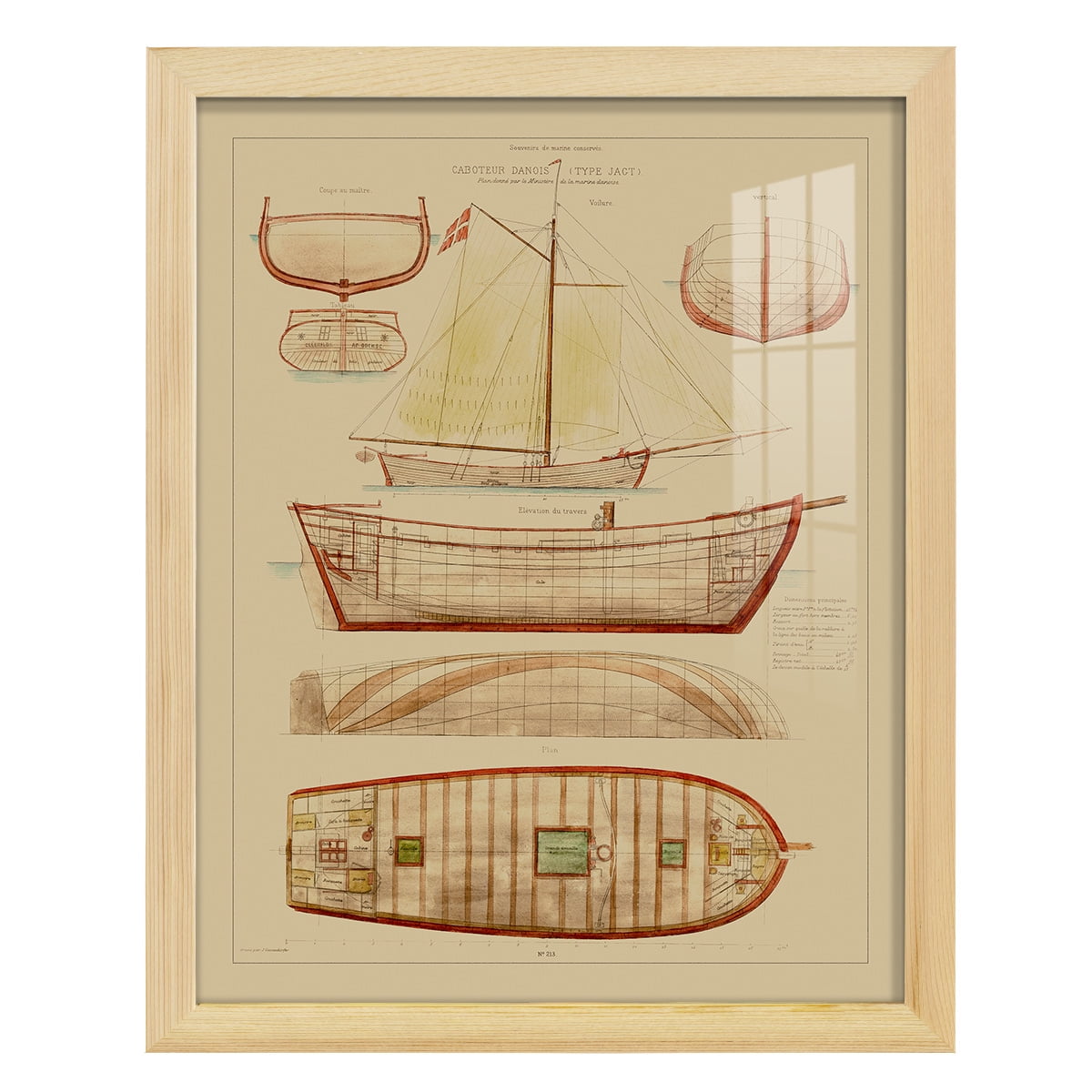 Antique Ship Plan III -Framed Print w/glass-Natural Wood