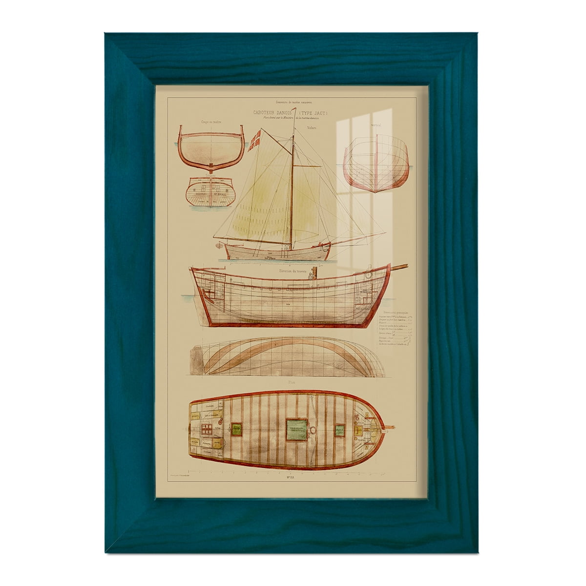 Antique Ship Plan III -Framed Print w/glass-Ocean Blue