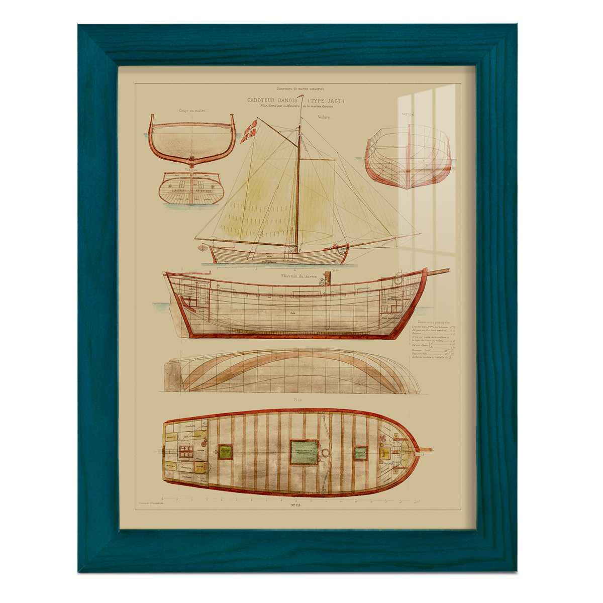 Antique Ship Plan III -Framed Print w/glass-Ocean Blue