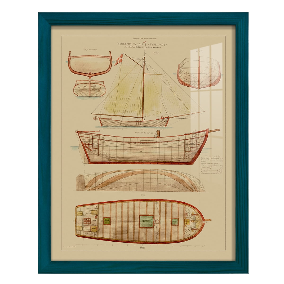 Antique Ship Plan III -Framed Print w/glass-Ocean Blue