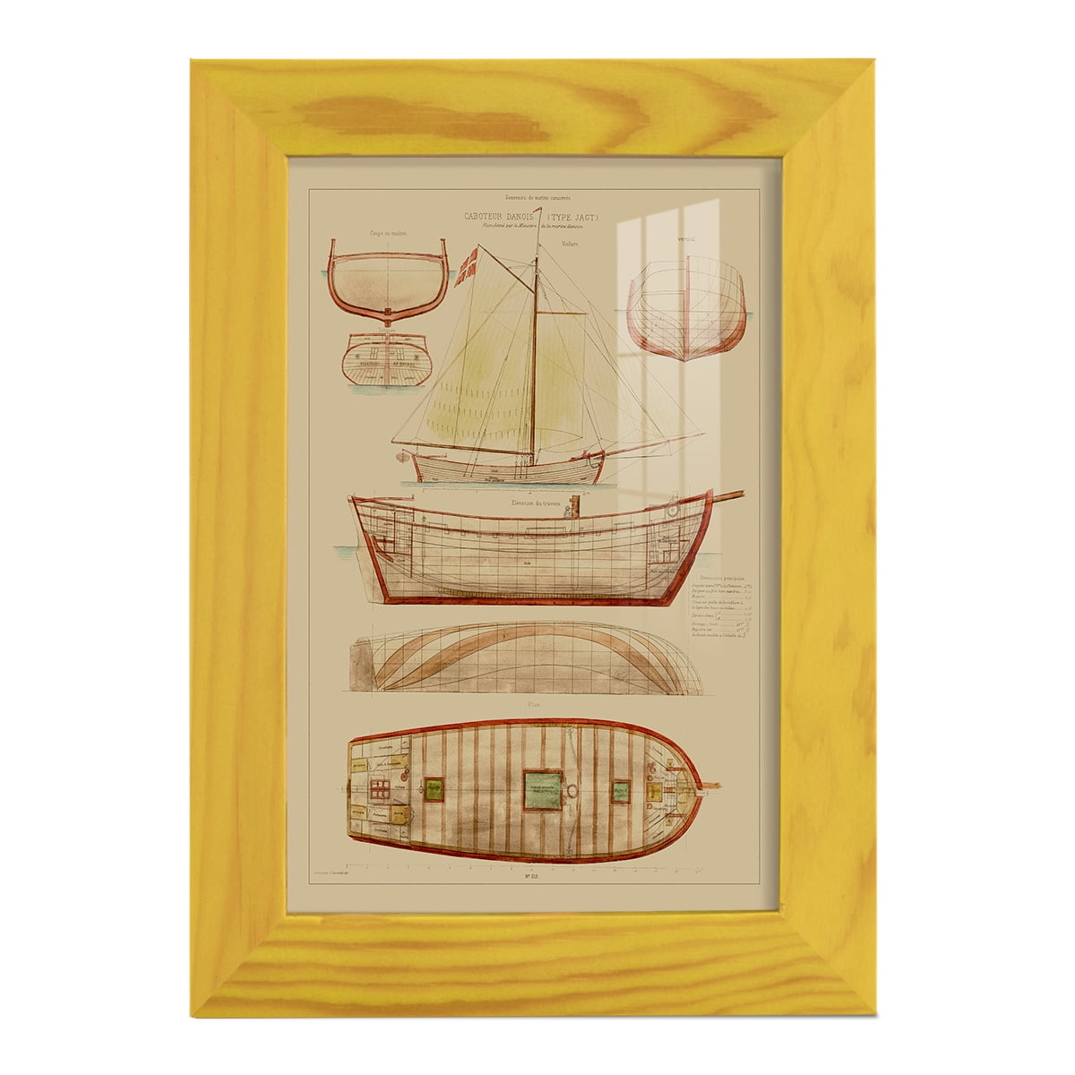 Antique Ship Plan III -Framed Print w/glass-Sunflower Yellow