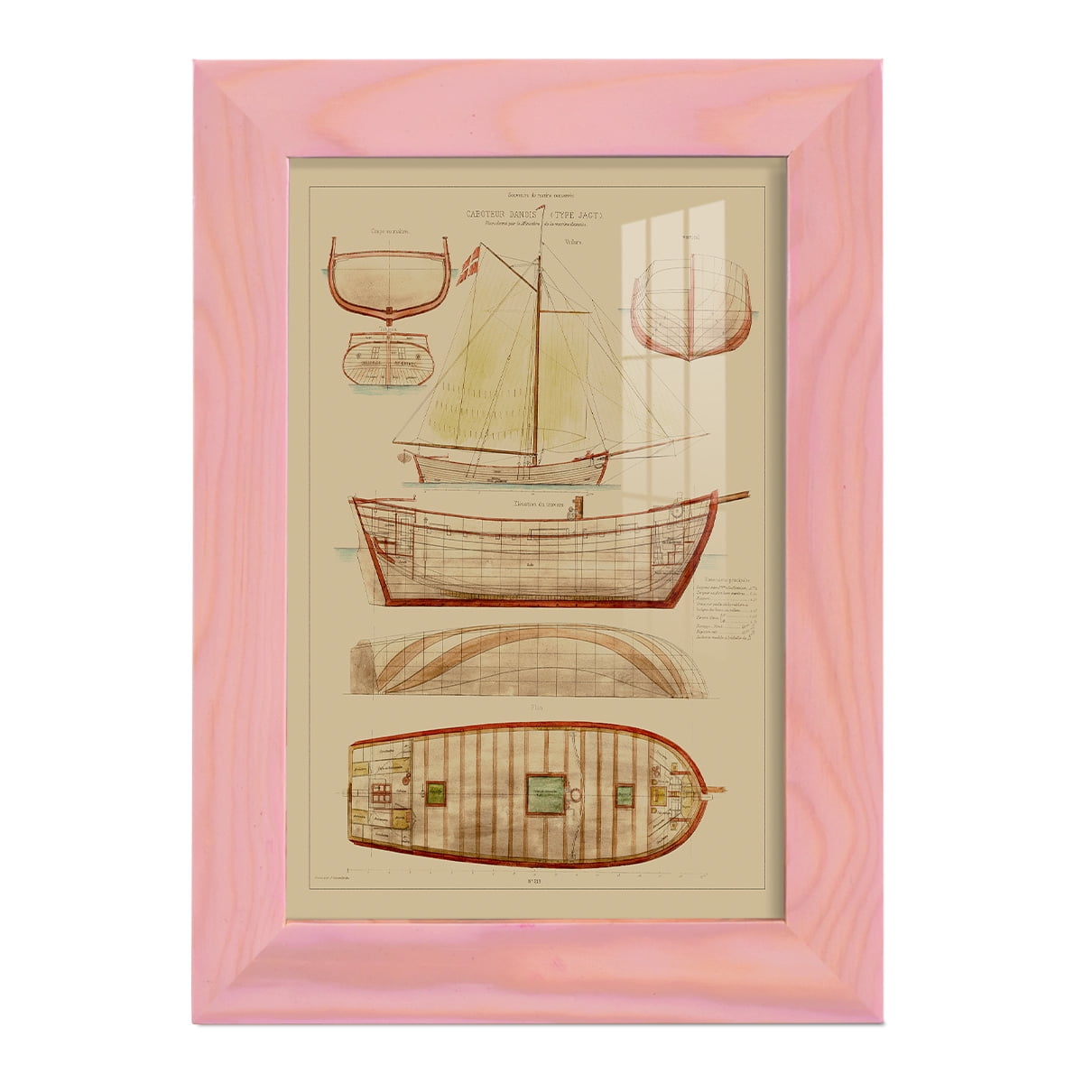 Antique Ship Plan III -Framed Print w/glass-Sunset Pink