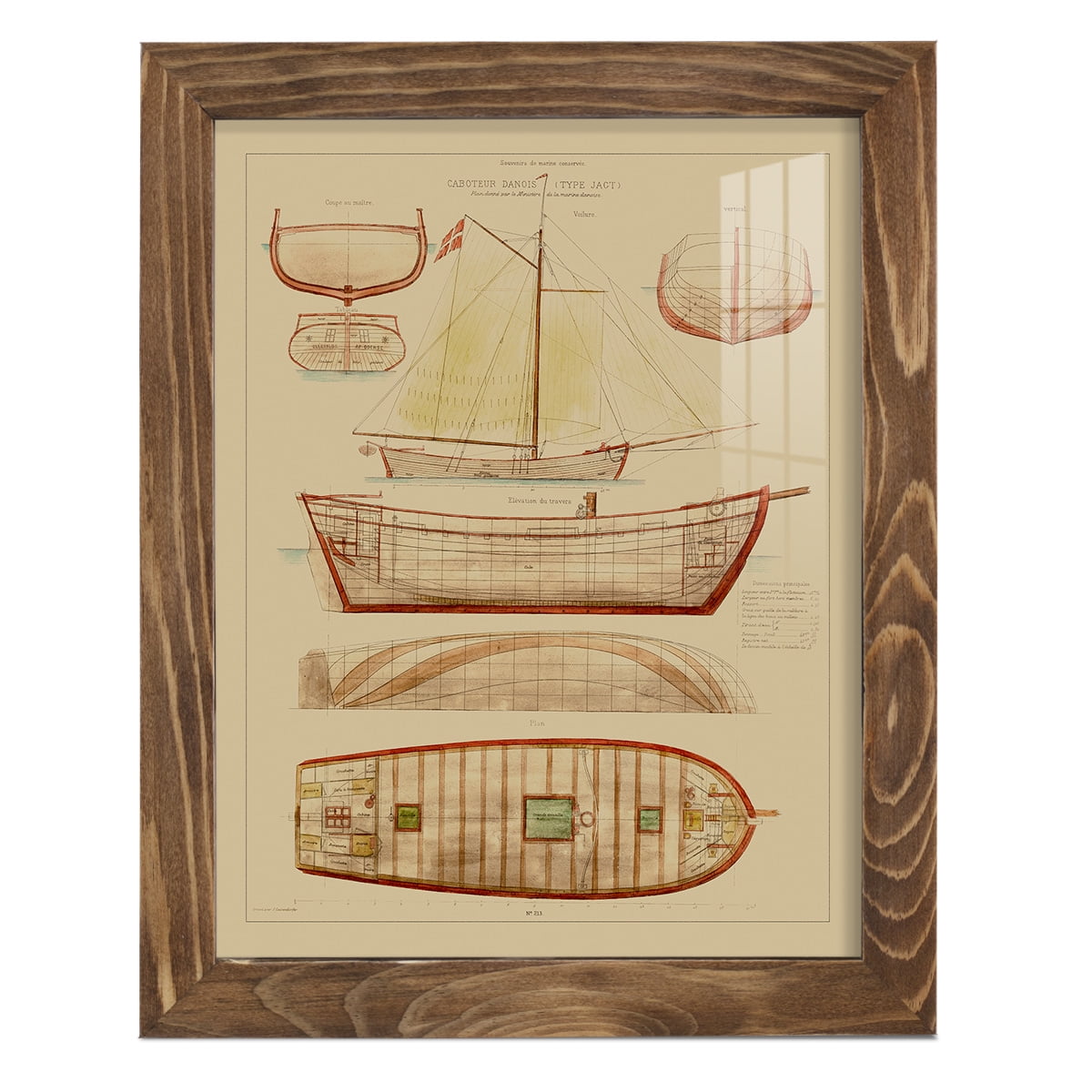 Antique Ship Plan III -Framed Print w/glass-Walnut