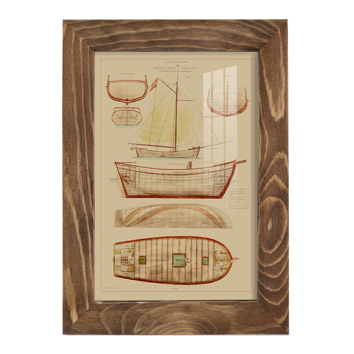 Antique Ship Plan III -Framed Print w/glass-Walnut