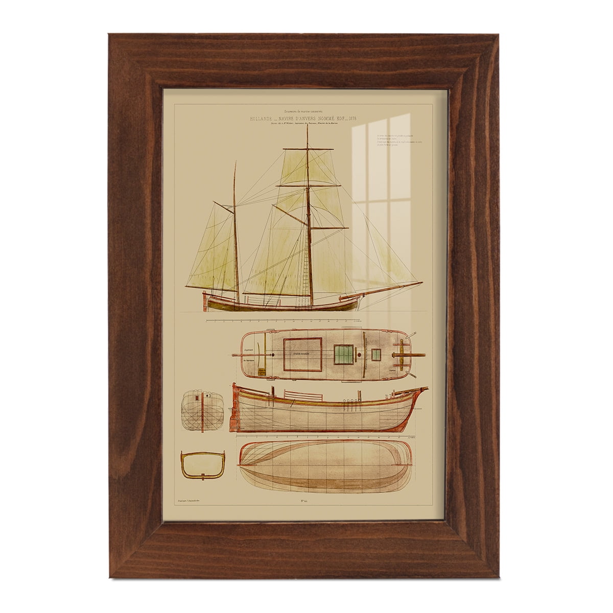 Antique Ship Plan IV -Framed Print w/glass-Chestnut