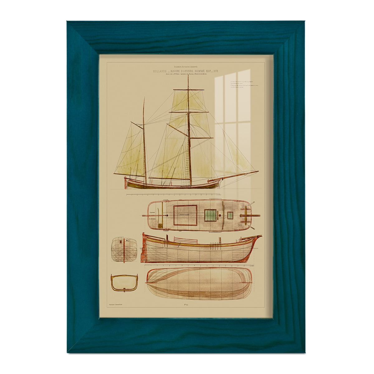 Antique Ship Plan IV -Framed Print w/glass-Ocean Blue