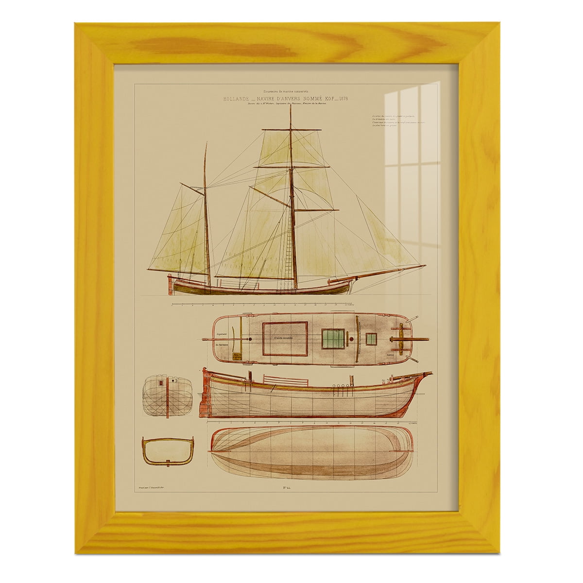 Antique Ship Plan IV -Framed Print w/glass-Sunflower Yellow