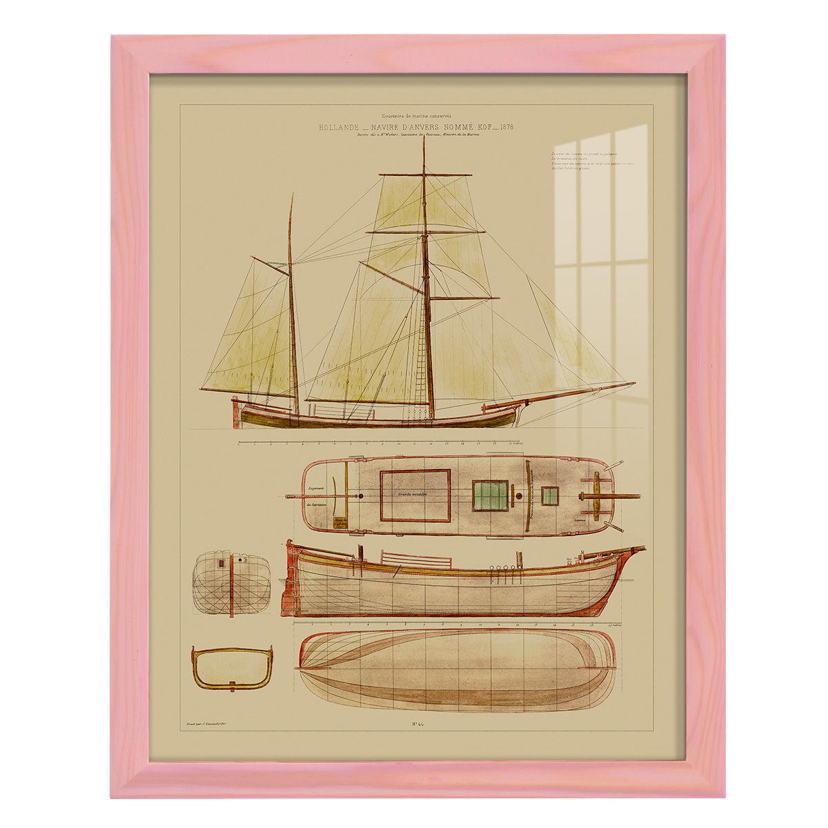 Antique Ship Plan IV -Framed Print w/glass-Sunset Pink