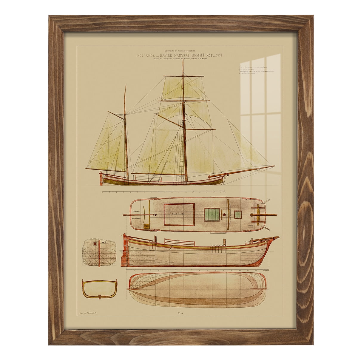 Antique Ship Plan IV -Framed Print w/glass-Walnut