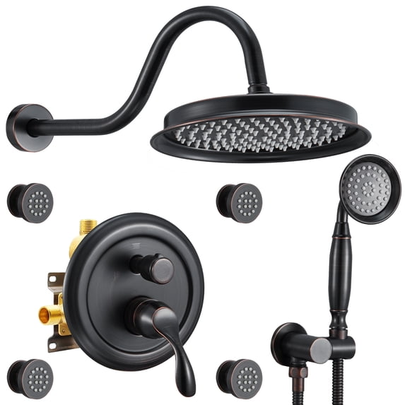 Antique Shower Faucet-Sets Fixtures: 9 inch Wall Rain Head with Handheld Spray and Body Jets, 3 Way Diverter Rough in Valve System included Trim Kit, Oil Rubbed Bronze