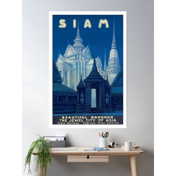 Antique Siam Bangkok Temples Travel Poster Poster Wall Art, Modern Wall Decor For Living Room Bedroom, 16x24 UNFRAMED