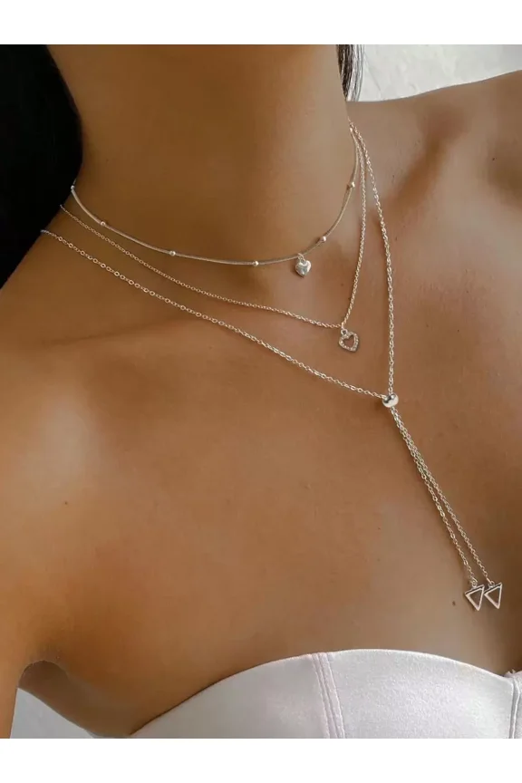 Antique Silver 4-Layer Layered Pendant Necklace With Heart And Triangle