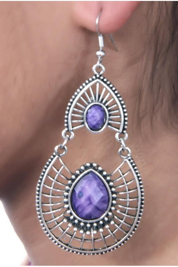 Antique Silver Created Purple Fire Opal Teardrop Earrings