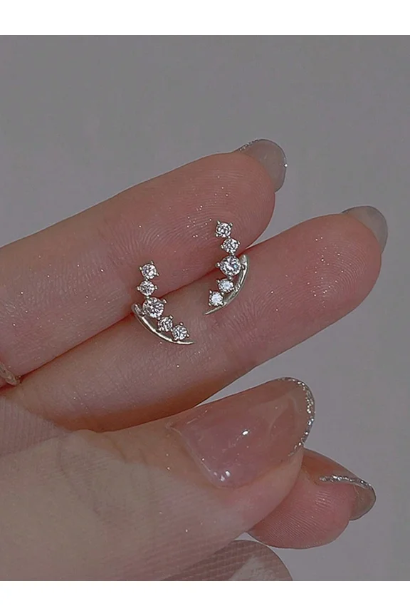 Antique Silver Crescent Climber Earrings With Rhinestones, 1 Pair