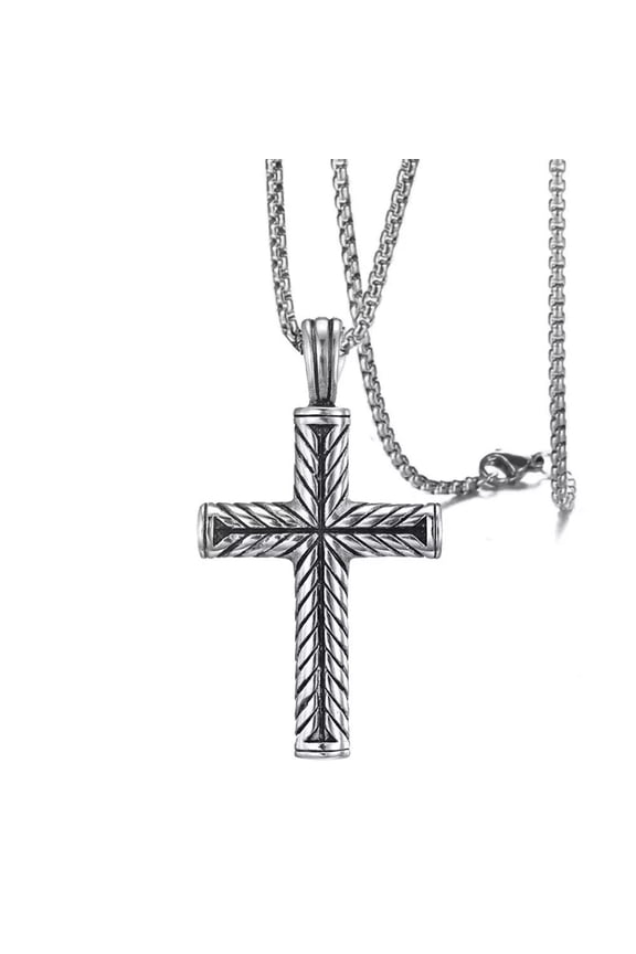 Antique Silver Cross Pendant Necklace Unisex Box Chain Stainless Steel N19