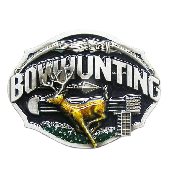 Antique Silver Enamel Vintage Bowhunting Deer Western Oval Belt Buckle