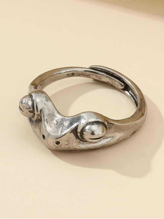 Antique Silver Frog Design Adjustable Ring For Adults