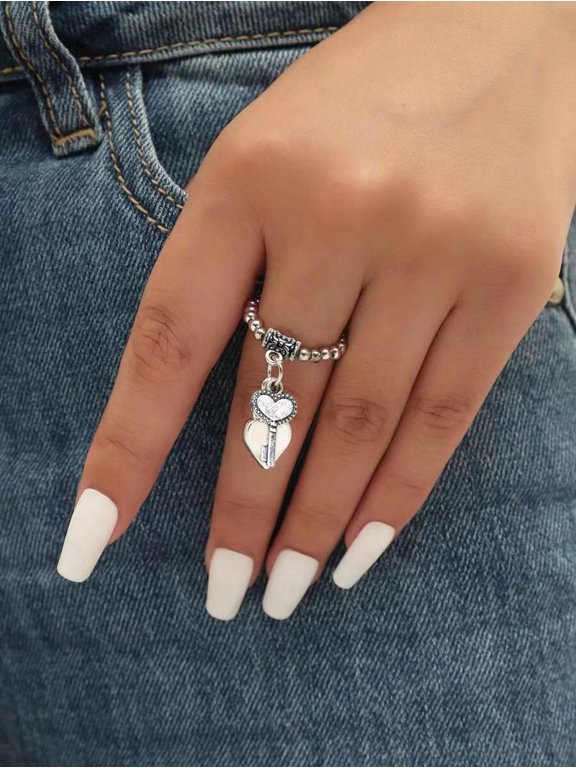Antique Silver Lock & Key Charm Beaded Ring For Women