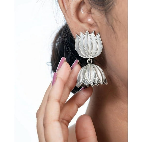Antique Silver Lotus Jhumka Earrings Oxidized Jhumka Jhumki, Pearl Drop Jhumka Earrings,Indian Earrings, Oxidized Silver Jewelry, Gifts