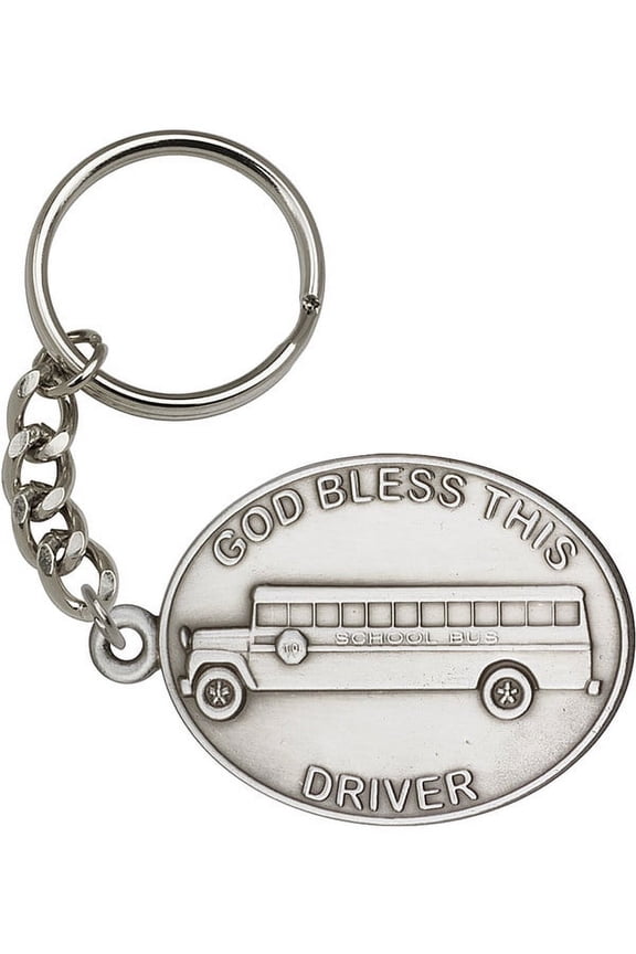 Antique Silver-Plated God Bless This Bus Driver Keychain 1 1/2 x 2 1/4 inches