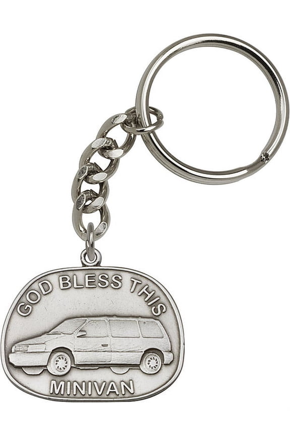 Antique Silver-Plated God Bless This Mini-Van Keychain 1 1/4 x 1 3/8 inches
