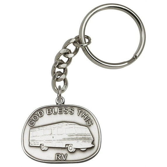 Antique Silver-Plated God Bless This Rv Keychain 1 1/4 x 1 3/8 inches