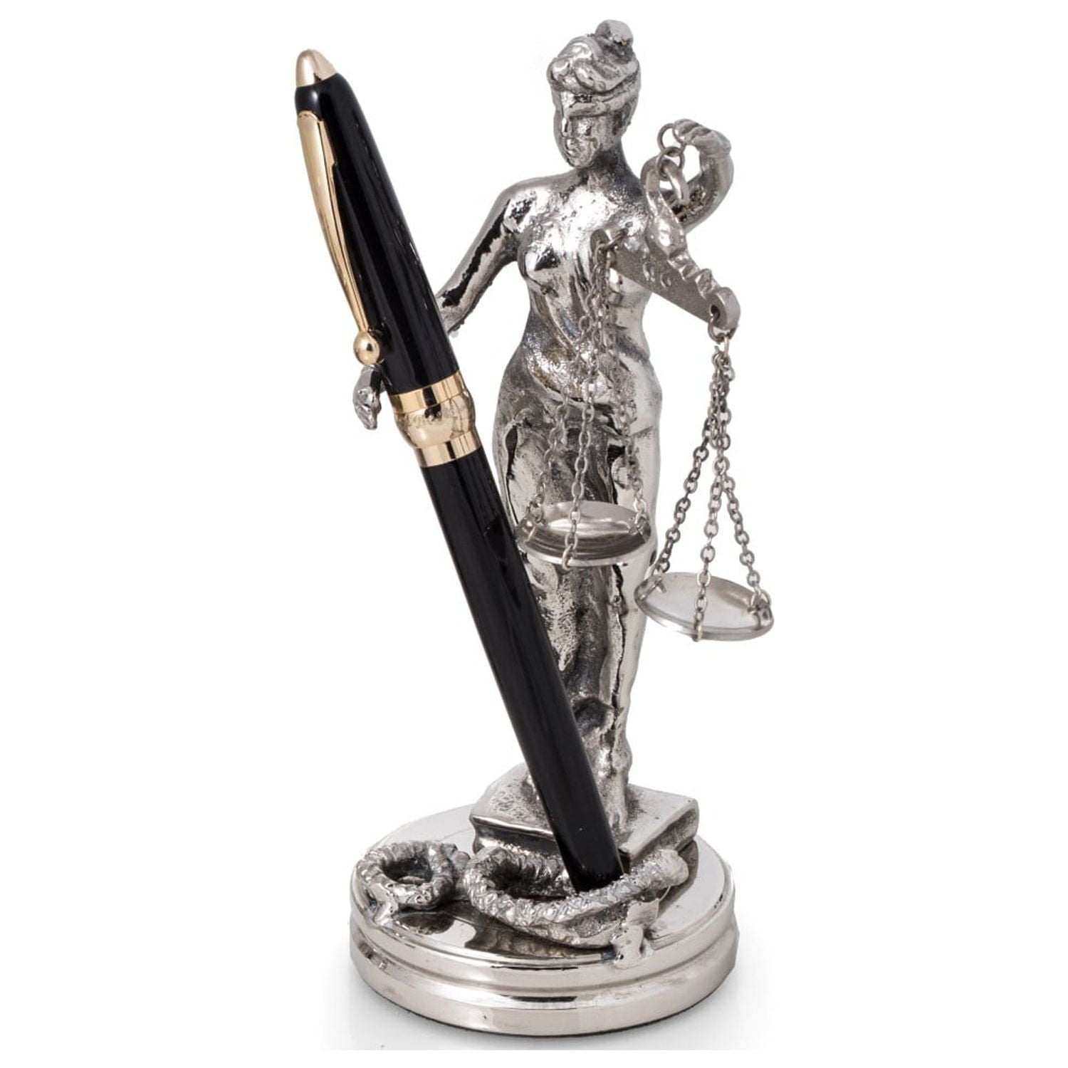Antique Silver Plated Lady Justice Pen Holder.