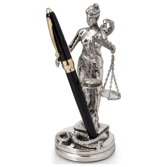 Antique Silver Plated Lady Justice Pen Holder.