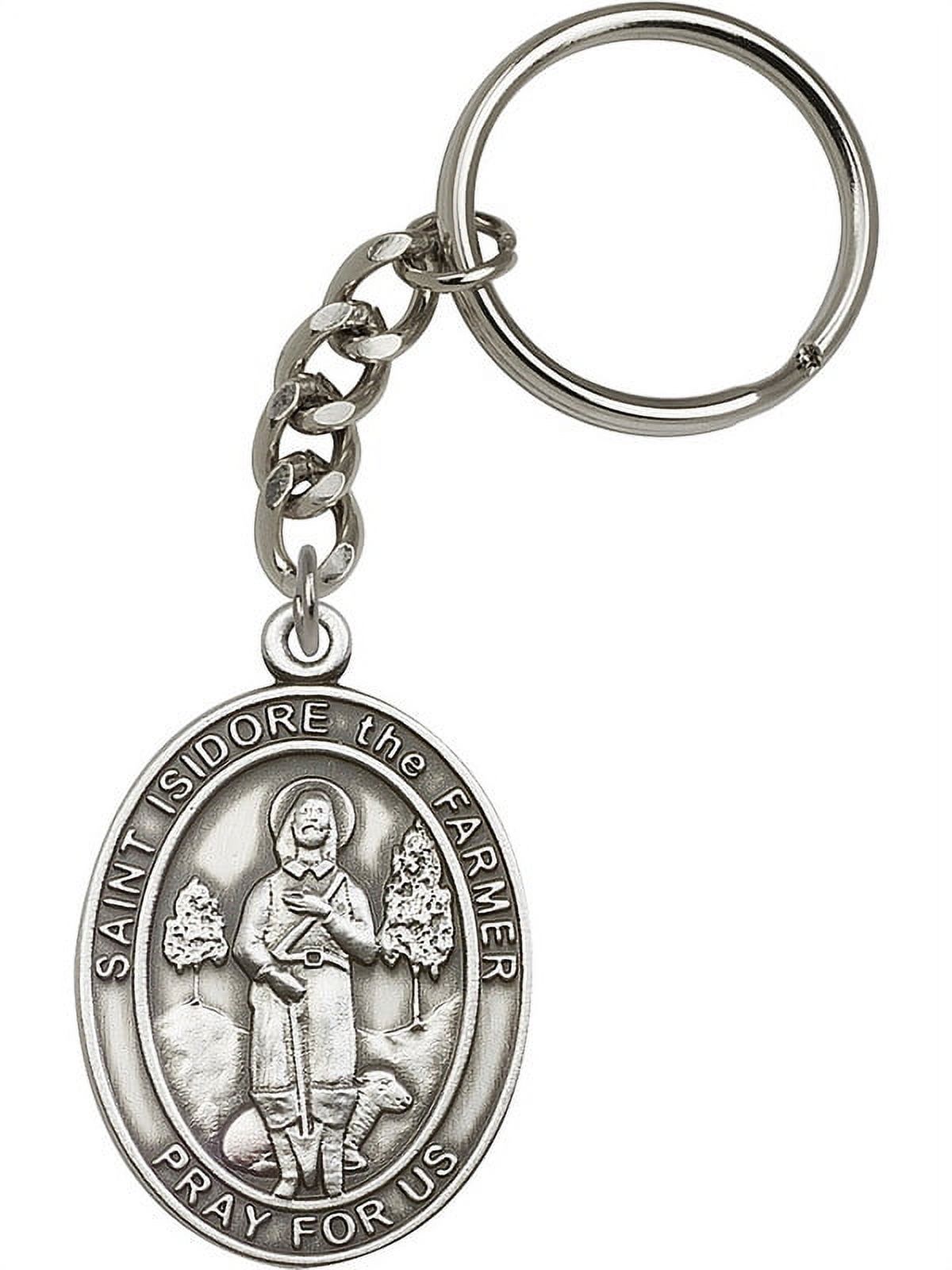 Antique Silver-Plated St. Isidore the Farmer Keychain 1 7/8 x 1 1/4 inches