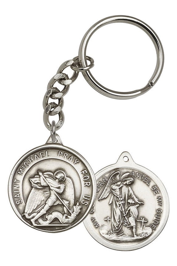 Antique Silver-Plated St. Michael the Archangel Keychain 1 3/8 x 1 1/4 inches