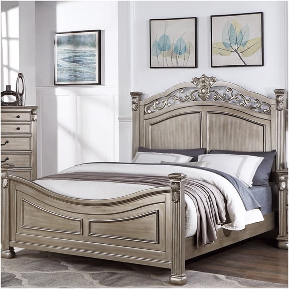Antique Silver Queen Bed Frame with Classic Headboard and Footboard for Timeless Elegance