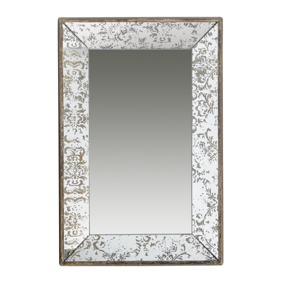 Antique Silver Rectangle Wall Mirror with Floral Accents, 2-in-1 Mirrored Display Tray & Hanging Wall Mirror for Home Decor Bathroom Bedroom