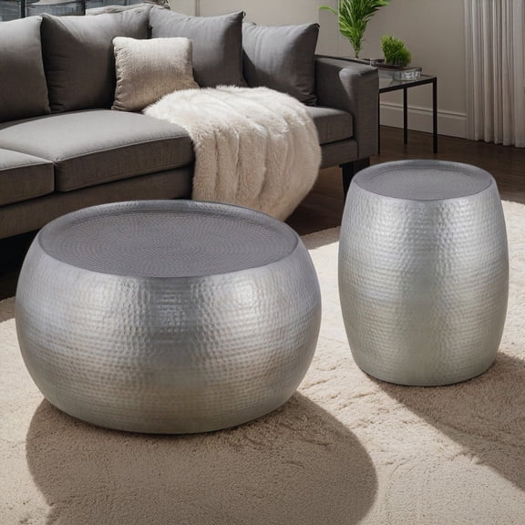 Antique Silver Round Aluminum 2PC Tables - Hand-Hammered Design