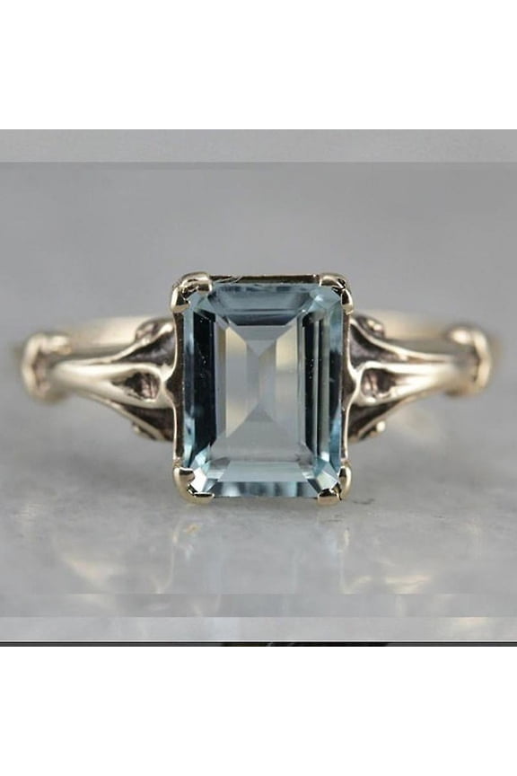 Antique Silver Set With Square Ocean Blue Topaz Ring - Women's Vintage Square Sea Blue Topaz Ring