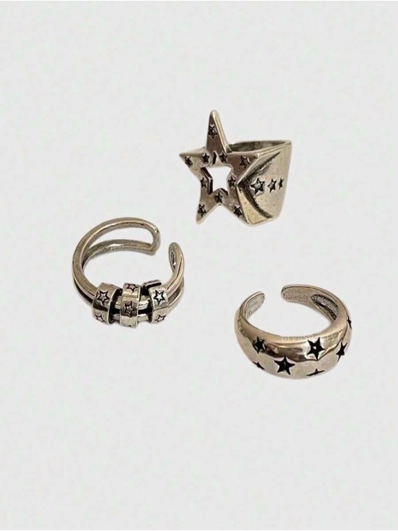 Antique Silver Star Motif 3-Piece Cuff Ring Set For Women