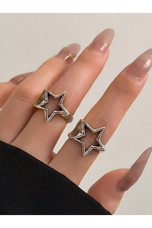 Antique Silver Star Outline Adjustable Ring Set For Women, Punk Gothic Minimalist Jewelry